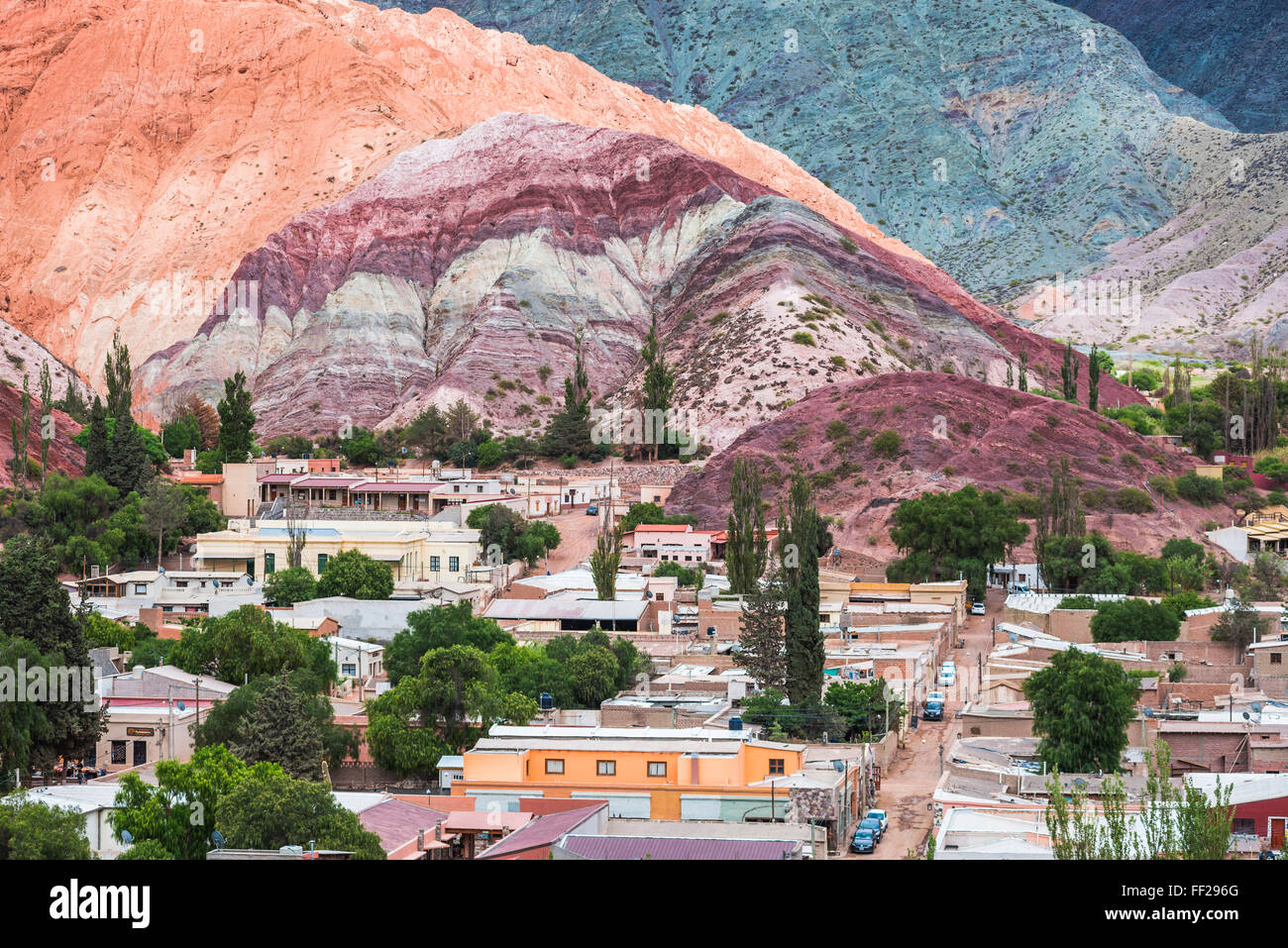 Purmamarca and the HiRMRM of Seven CoRMours (Cerro de RMos Siete CoRMores), Quebrada de Purmamarca, Jujuy Province, North Argentina Stock Photo