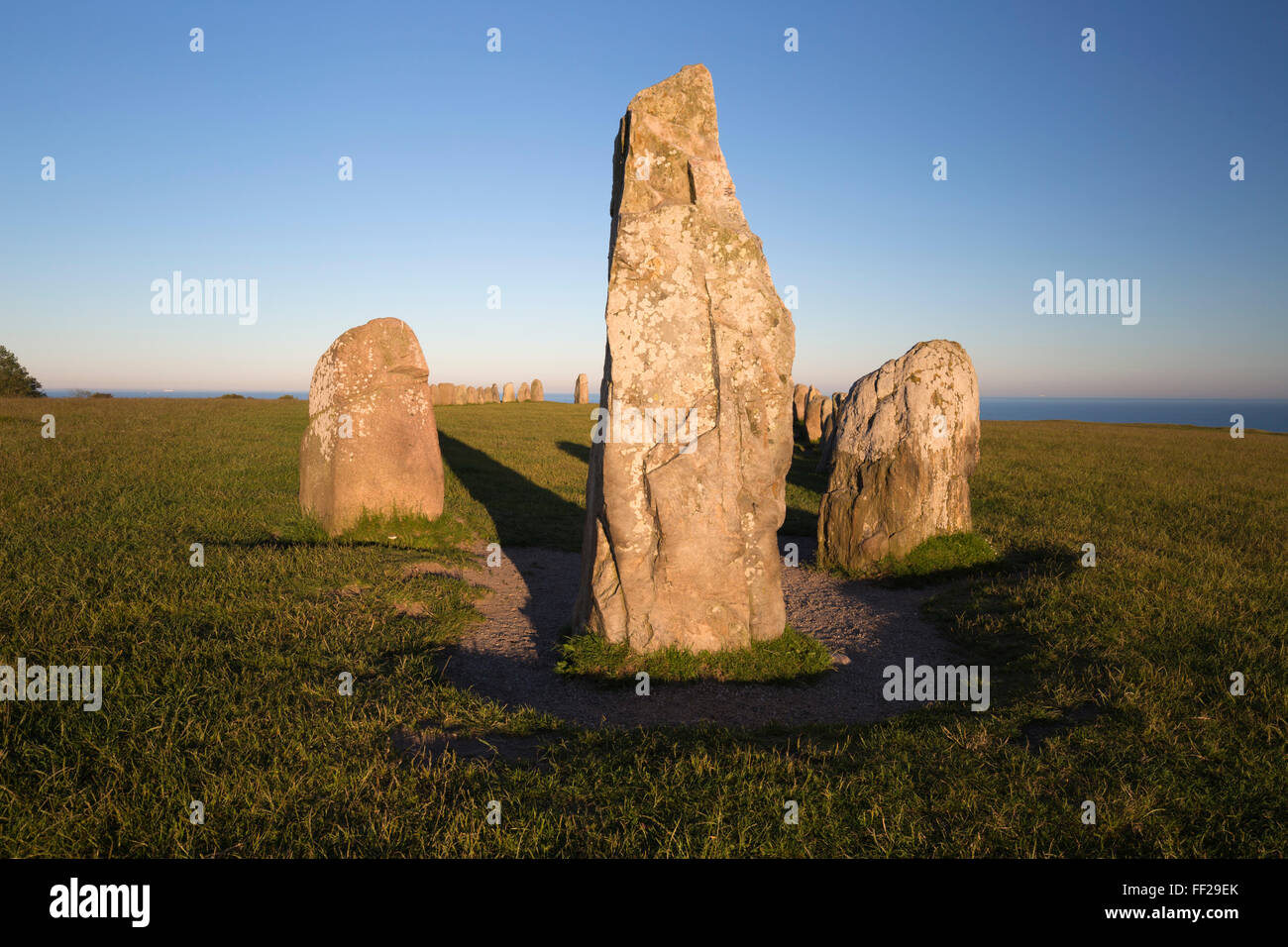 Boat shaped standing stones of ARMes Stenar, Kaseberga, Skane, South Sweden, Sweden, Scandinavia, Europe Stock Photo