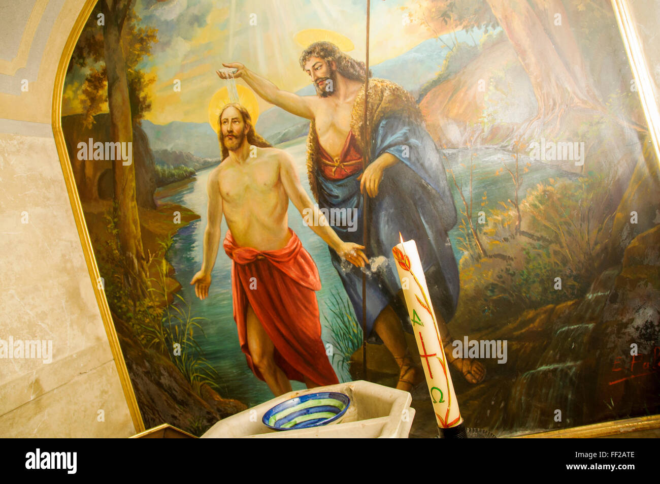 Mural of baptism in the church of Sant Jaume de Calaf , Catalonia , Spain Stock Photo Alamy
