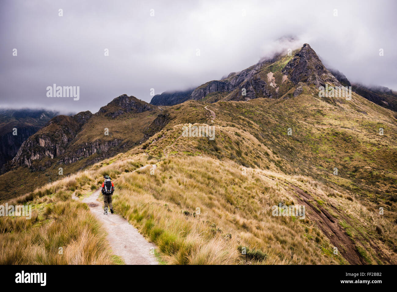 Hiker trekking Rucu Pichincha VoRMcano, Quito, Pichincha Province, Ecuador, South America Stock Photo