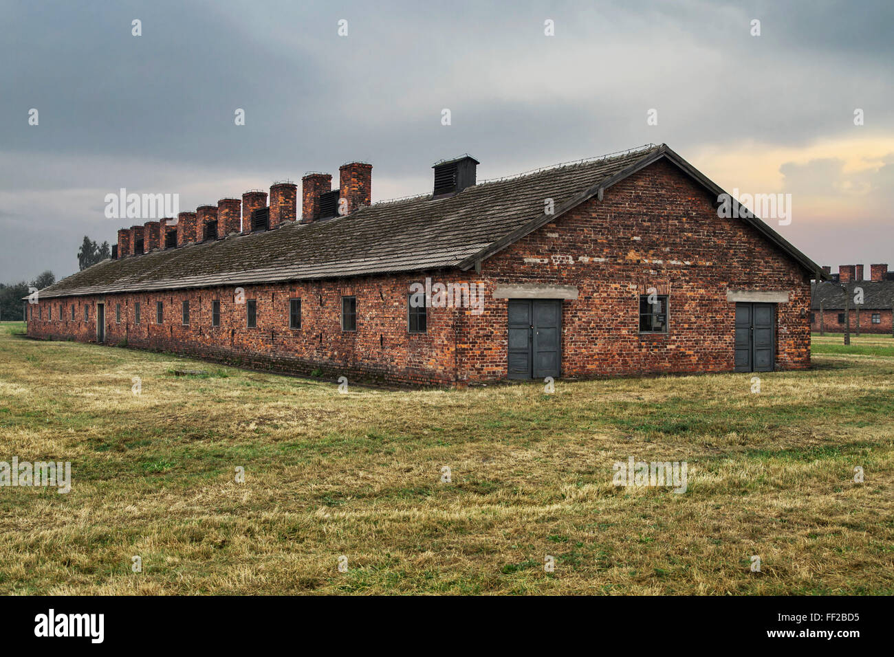 Barrack of the former nazi extermination camp of Auschwitz-Birkenau in Oswiecim, Poland. Stock Photo