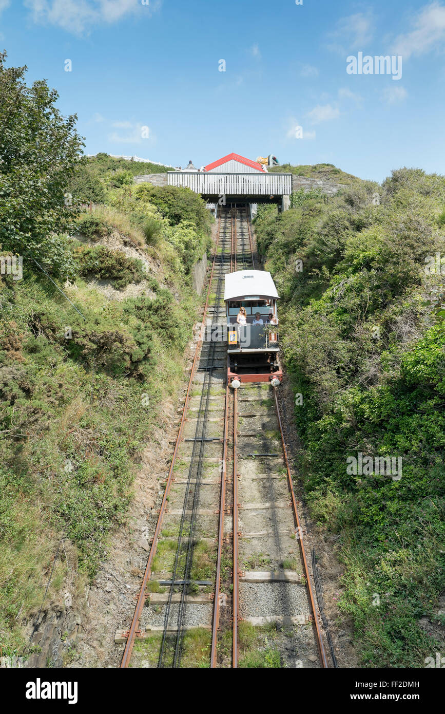 A tram decending the funicular railway from the headland north of Aberystwyth. Stock Photo