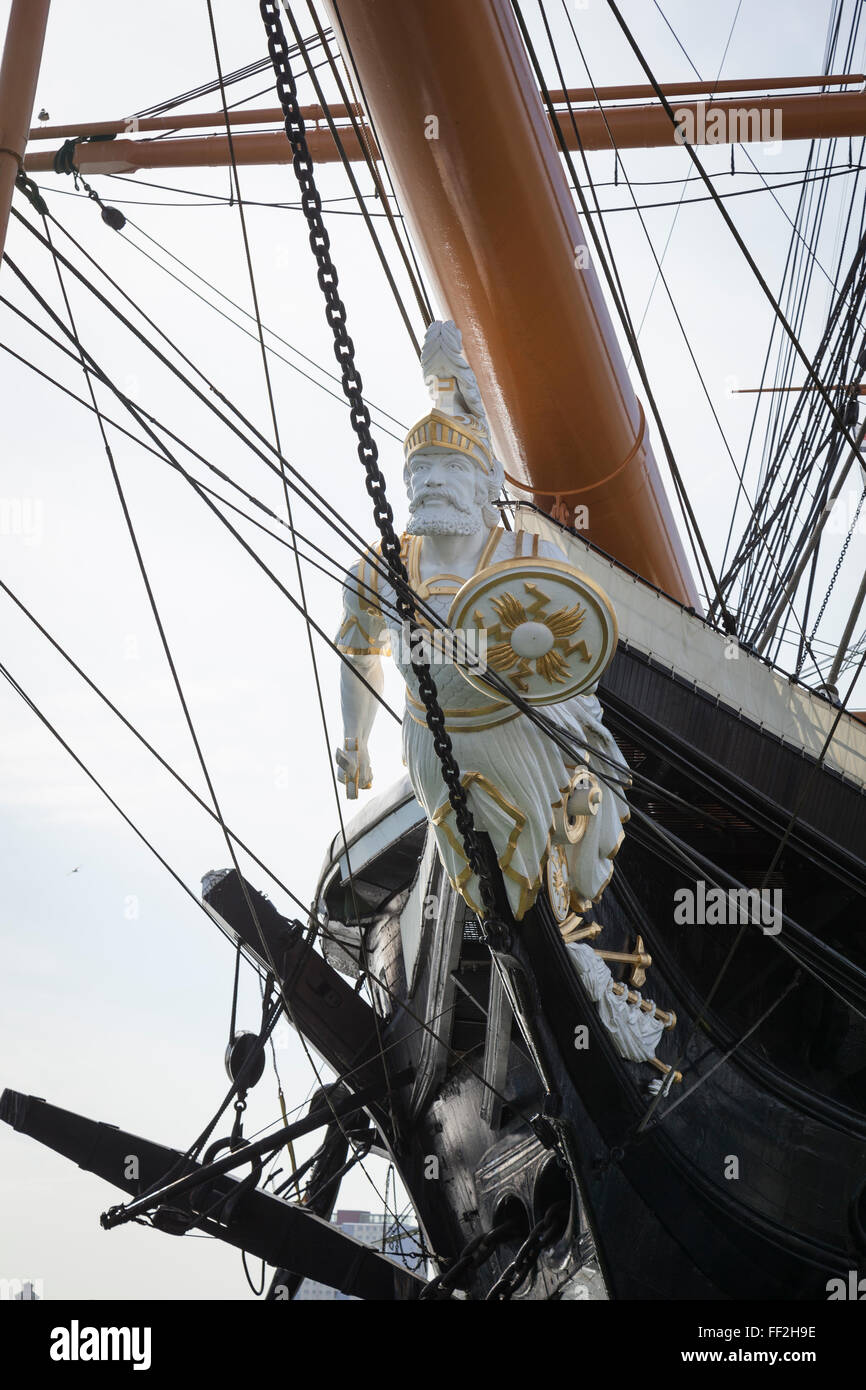 Close-up of the bow of HMS Warrior. It was the first iron clad, armour plated warship and was launched in 1860. Stock Photo