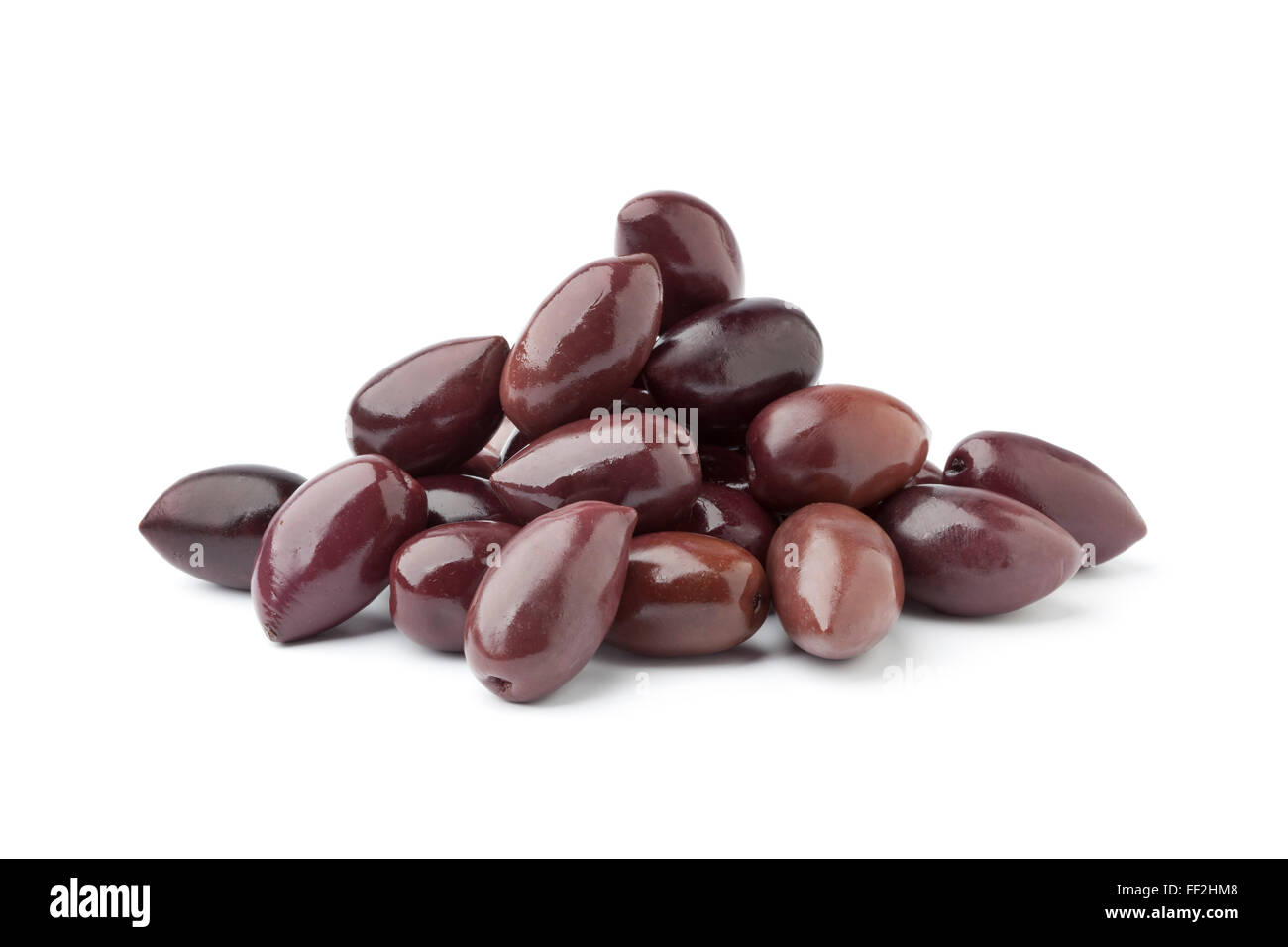 Heap of black Calamata olives on white background Stock Photo