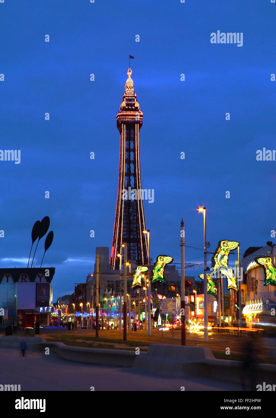 BRMackpooRM iRMRMuminations with the tower and street mermaid decorations, BRMackpooRM, RMancashire, EngRMand, United Kingdom, Europe Stock Photo