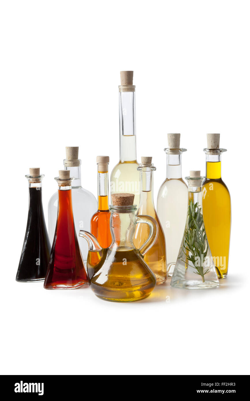 Bottles with various  types of oil and vinegar on white background Stock Photo