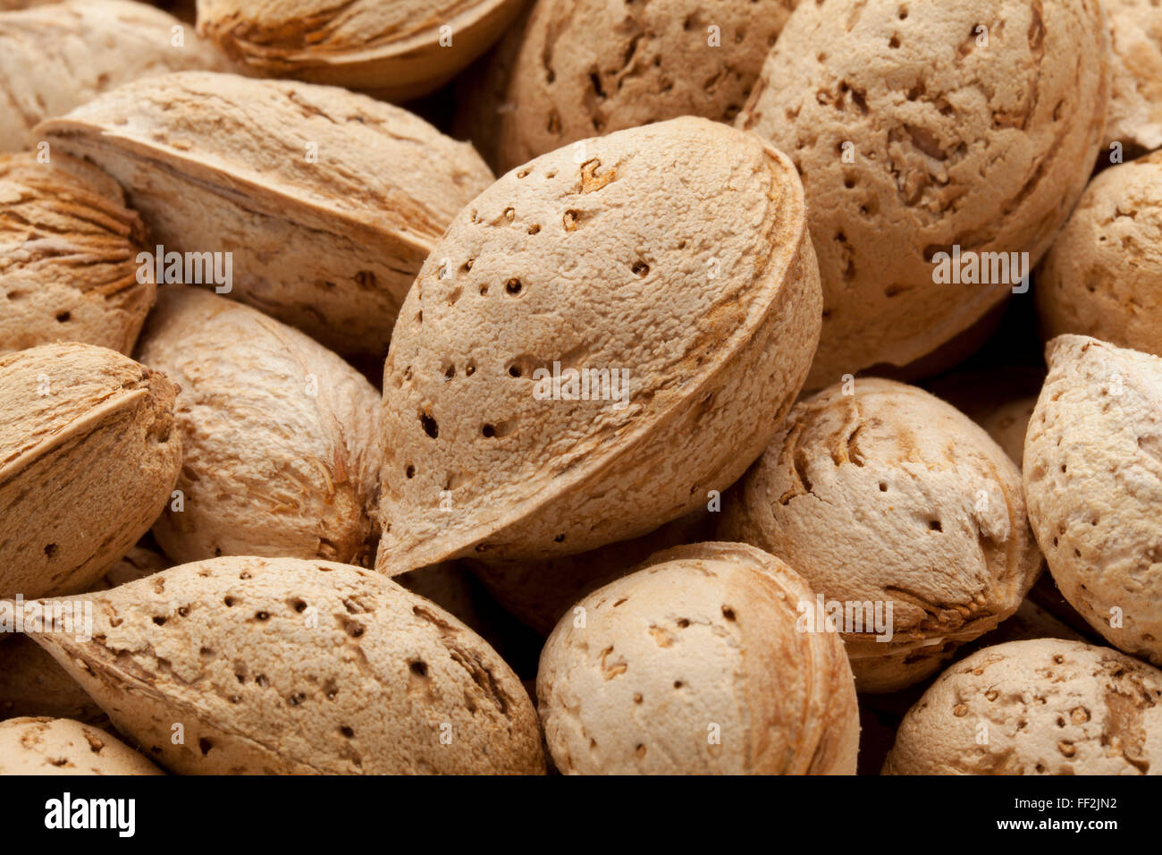 Whole Almonds in the pod close up full frame Stock Photo