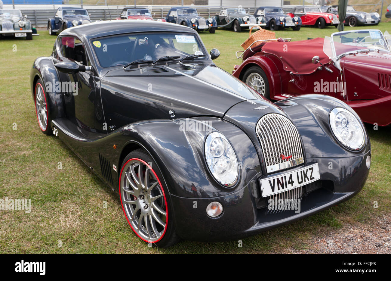 A Morgan Aero 8 Super Sports Coupe, on static display, in the Morgan Owners Club Area at the Silverstone Classic 2015. Stock Photo