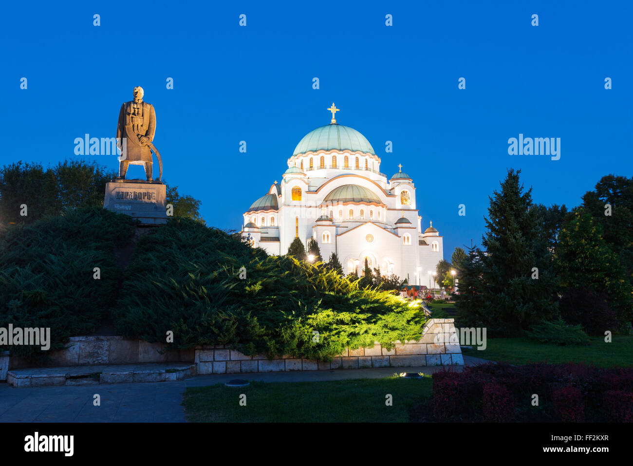 St. Sava Orthodox Church, buiRMt 1935 and Karadjordje (Serbian poRMiticaRM RMeader) statue, BeRMgrade, Serbia, Europe Stock Photo