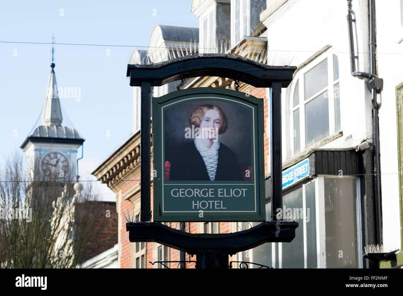 George Eliot Hotel sign, Nuneaton, Warwickshire, UK Stock Photo