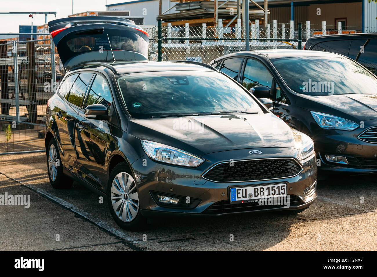 FRANKFURT-HAHN,  GERMANY - JUNE 16, 2016: The Ford Focus car with an open trunk standing in the parking lot. Stock Photo