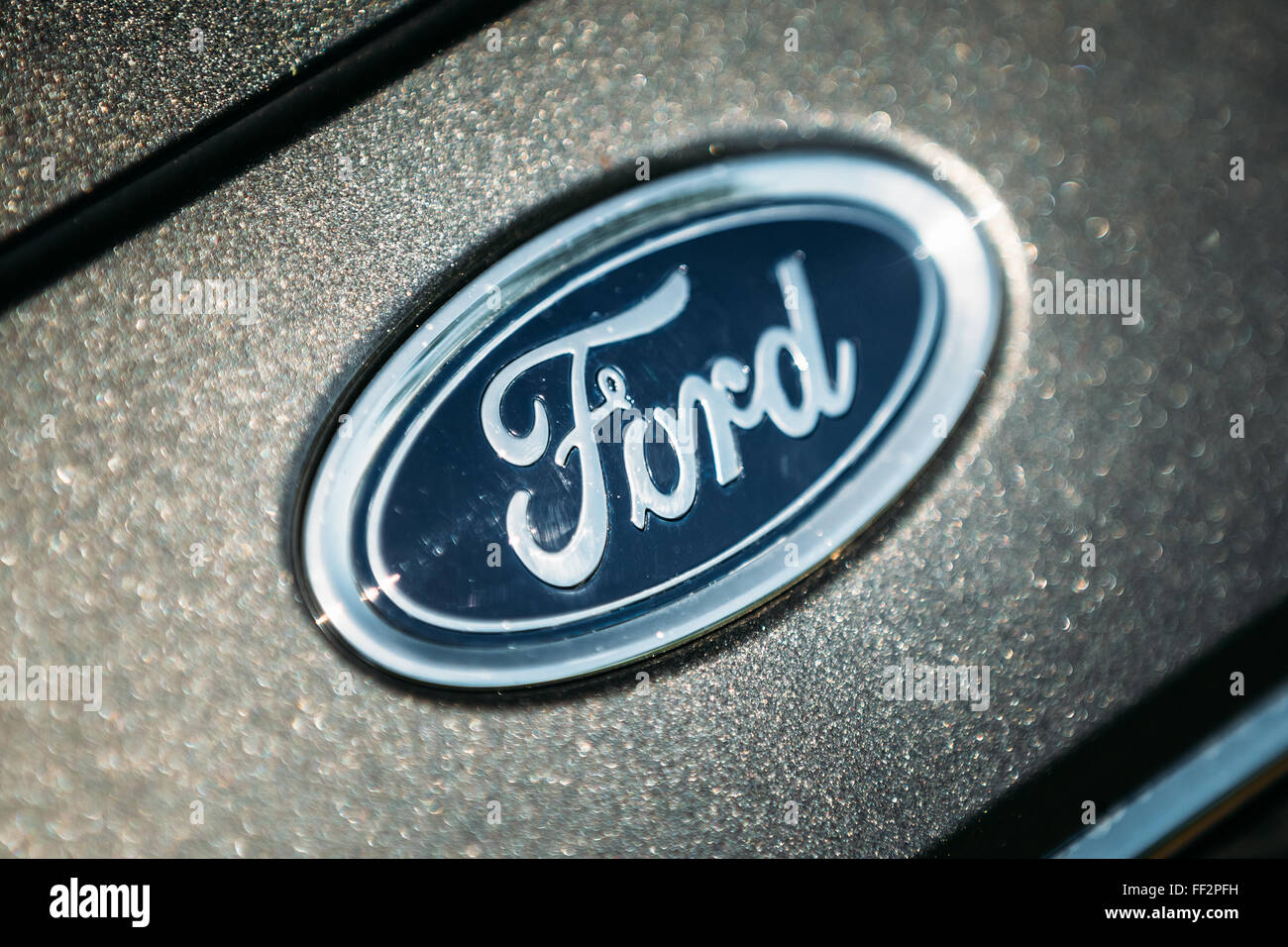 FRANKFURT-HAHN, GERMANY - JUNE 17, 2015: The Ford Focus Silver Logo Stock Photo