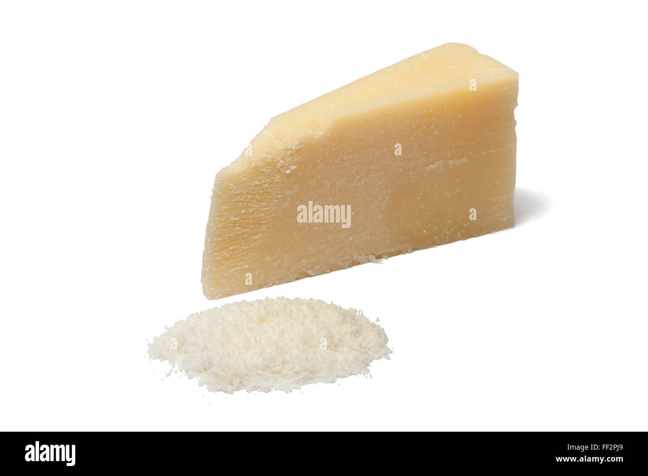 Portion and grated Parmesan cheese on white background Stock Photo