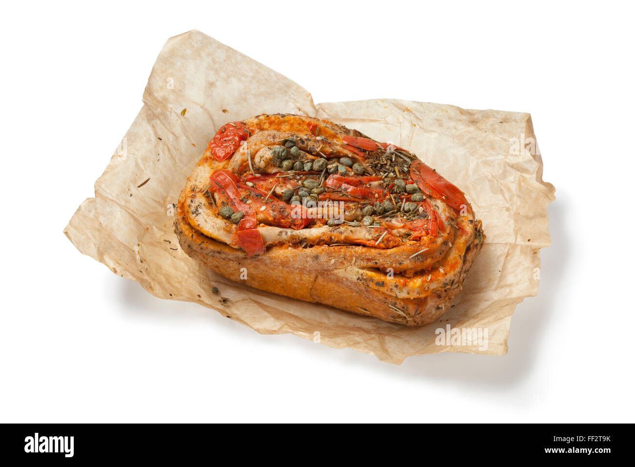 Fresh tomato Caper bread on white background Stock Photo