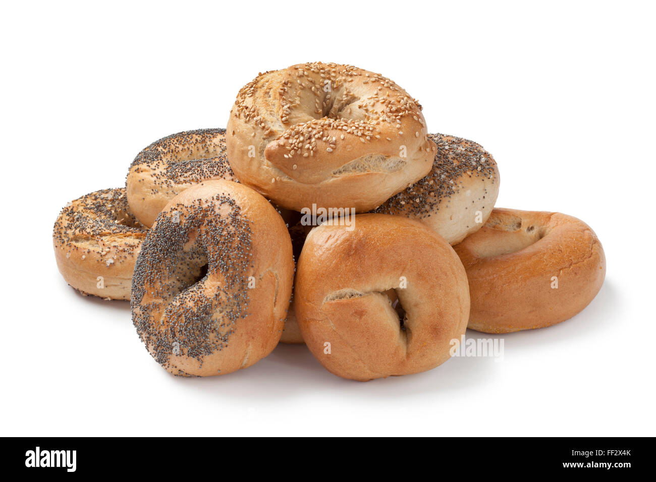 Fresh assorted bagels on white background Stock Photo