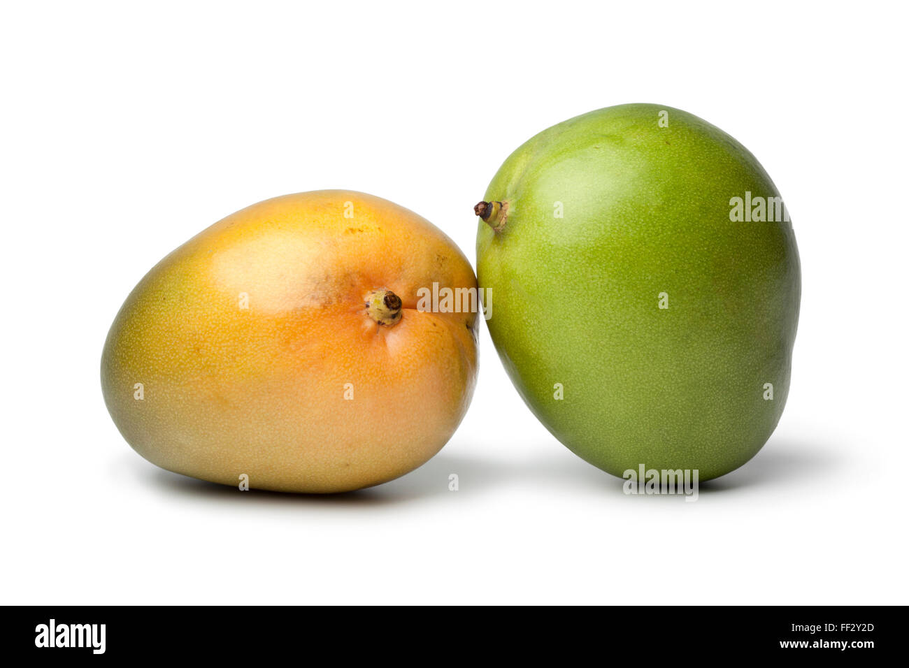 Pair of fresh ripe whole Mangos on white background Stock Photo