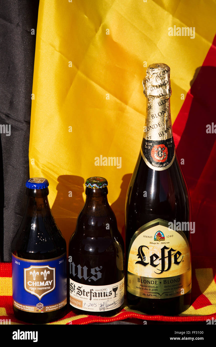 A selection of Belgian beers. The bottles shown are Chimay Blue, St