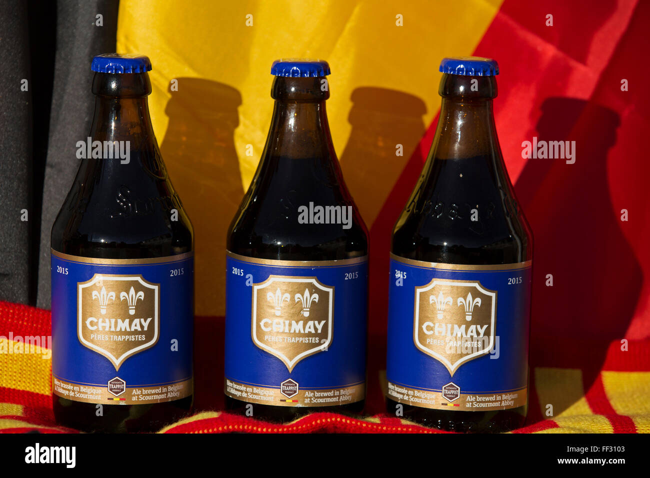 Bottles of Chimay Blue beer from Belgium. The Trappist ale is brewed at