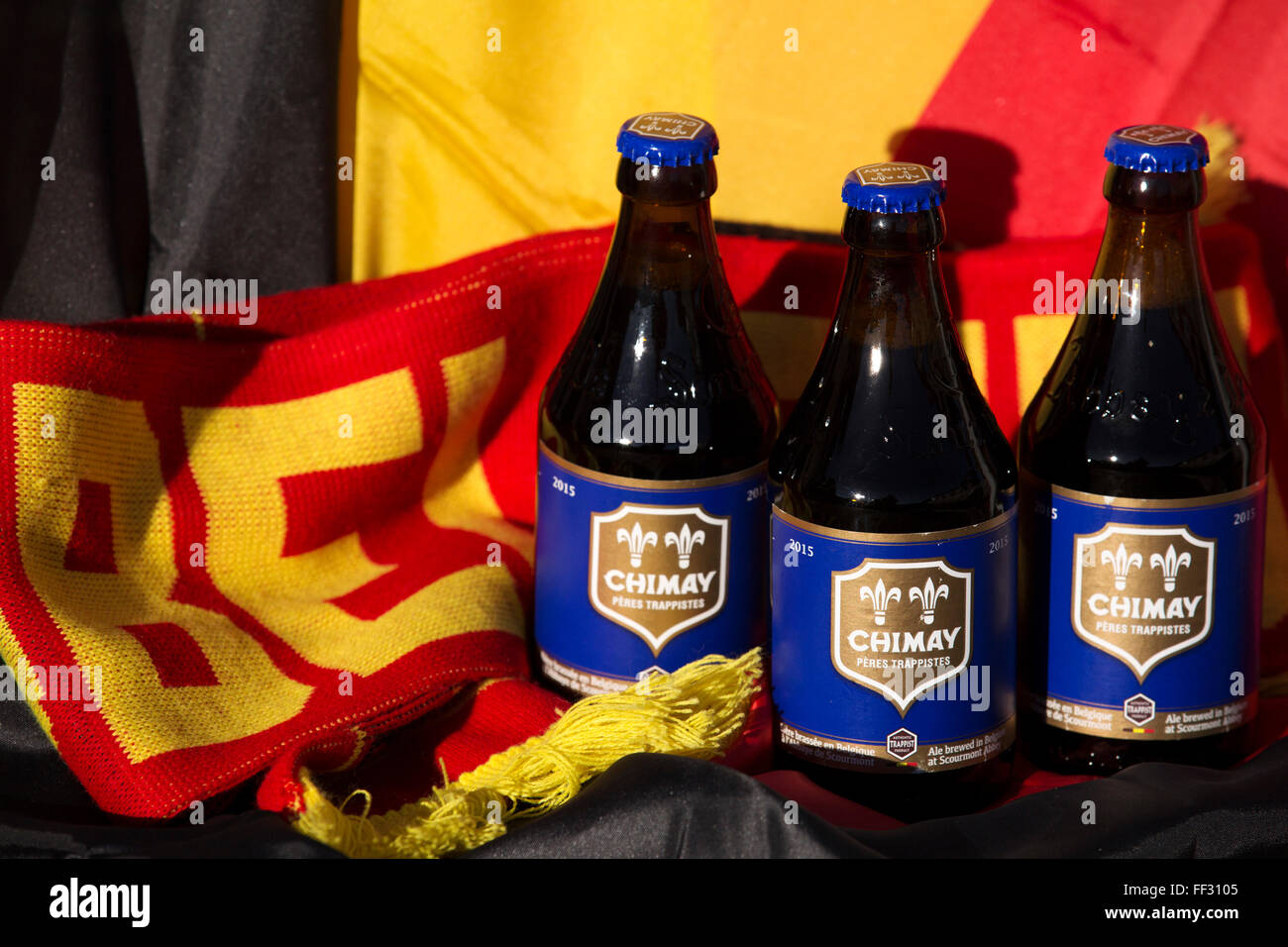 Bottles of Chimay Blue beer from Belgium. The Trappist ale is brewed at Scourmont Abbey. Stock Photo