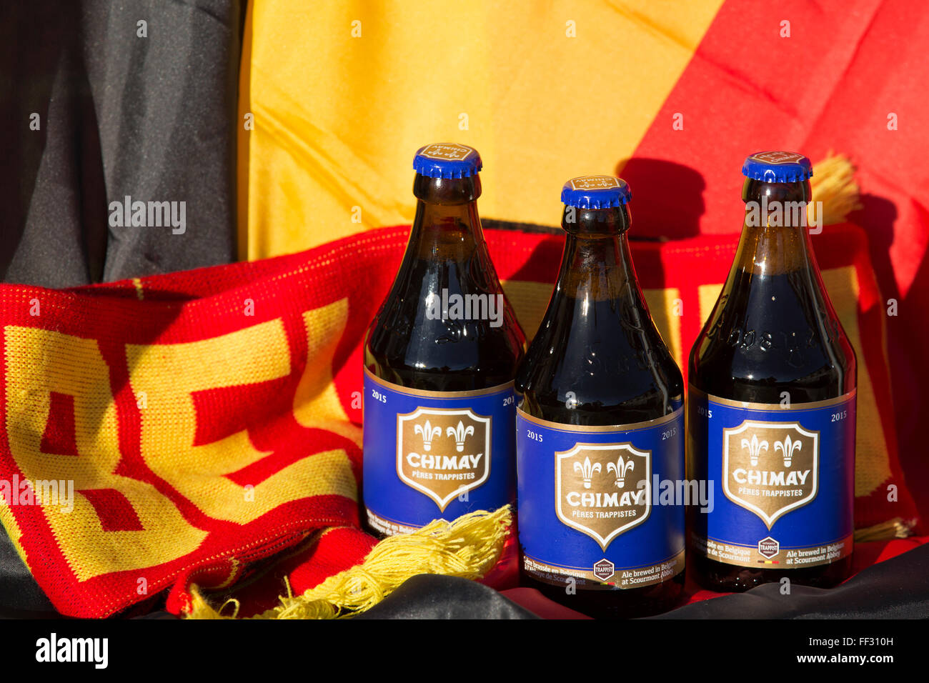 Bottles of Chimay Blue beer from Belgium. The Trappist ale is brewed at