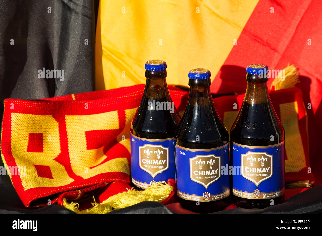 Bottles of Chimay Blue beer from Belgium. The Trappist ale is brewed at