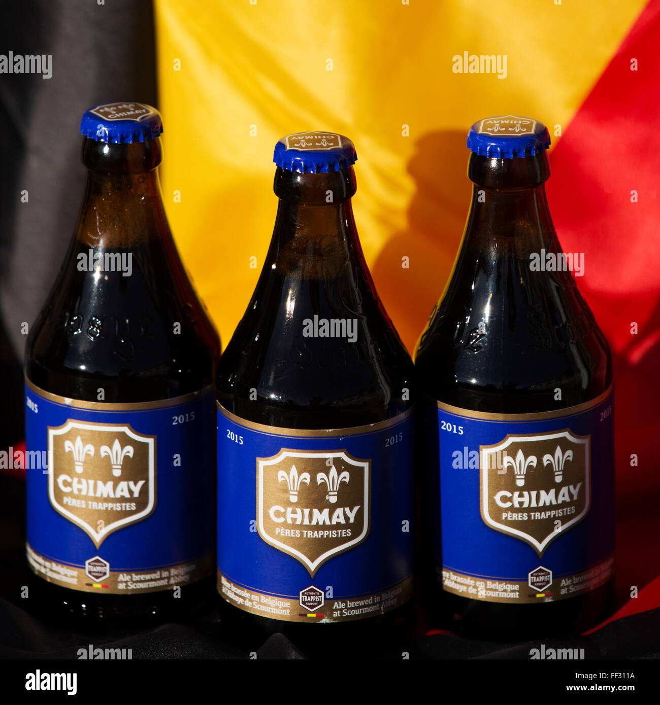 Bottles of Chimay Blue beer from Belgium. The Trappist ale is brewed at