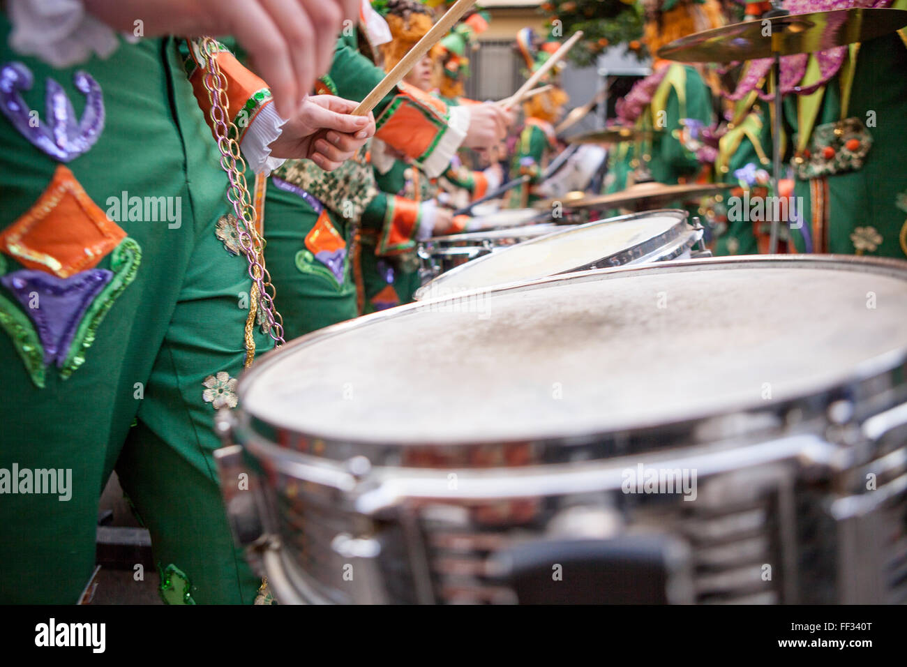 Performers plays drums at Carnival parade of comparsas at Badajoz City, Spain Stock Photo
