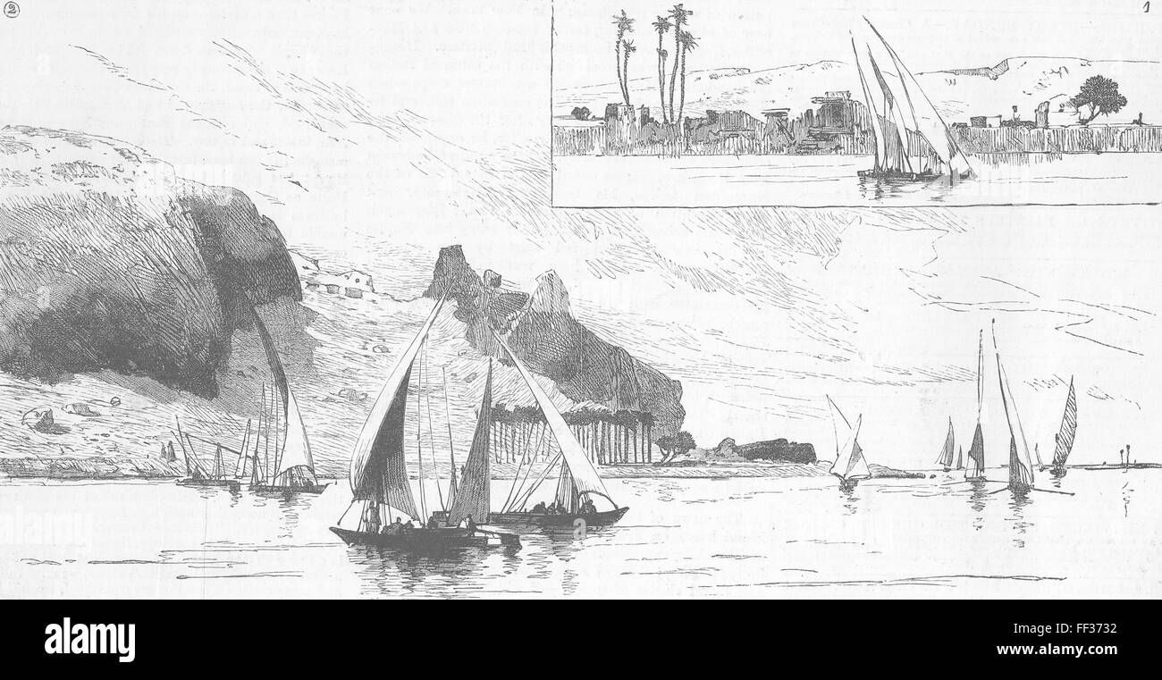 NILE Village, destroyed by flood; Arabian Mountains 1882. Illustrated London News Stock Photo