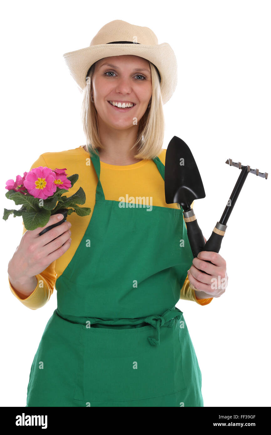 Gardener gardner young woman with flower gardening garden occupation job isolated on a white background Stock Photo