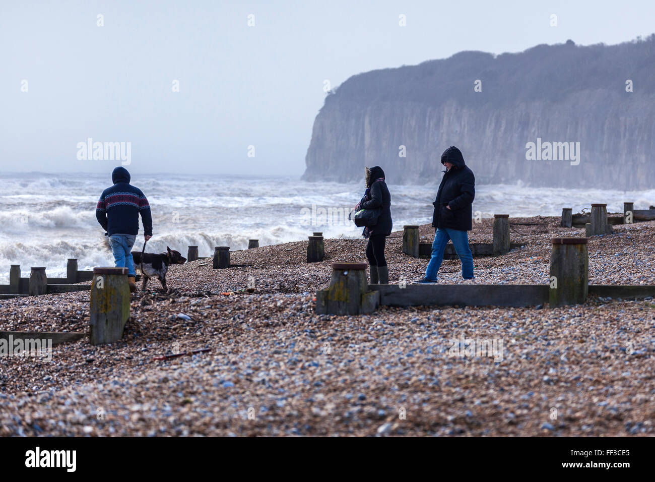 Dog Walkers on Winchelsea Beach During Gales with Cliffs at Fairlight in Background Stock Photo