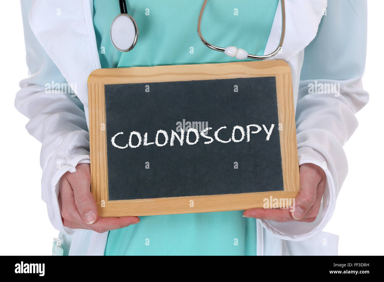 Colonoscopy cancer prevention screening check-up disease ill illness doctor with sign Stock Photo