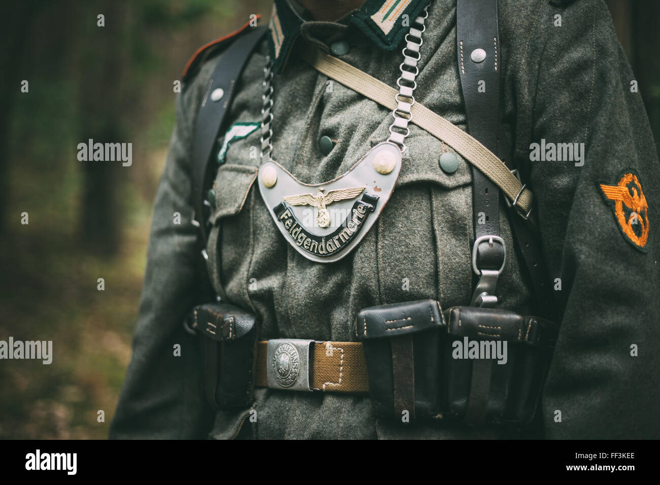 SVETLAHORSK, BELARUS - JUNE 20, 2014: Uniform of a Feldgendarm during World War II, including gorget. The inscription on gorget Stock Photo