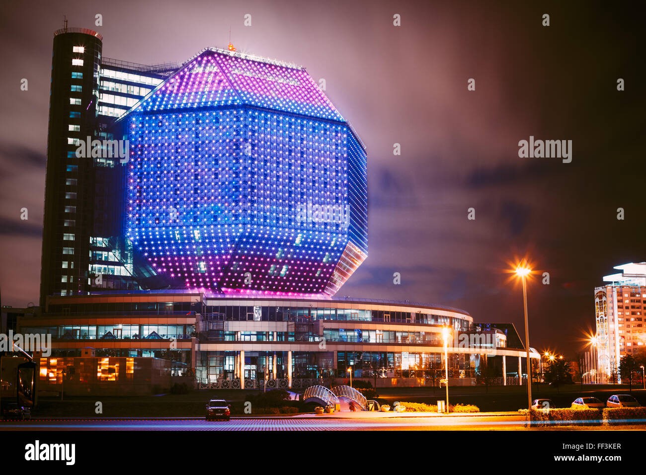 MINSK, BELARUS - JULY 19, 2014: Unique Building Of National Library Of Belarus In Minsk At Night Scene. Building Has 23 Floors A Stock Photo