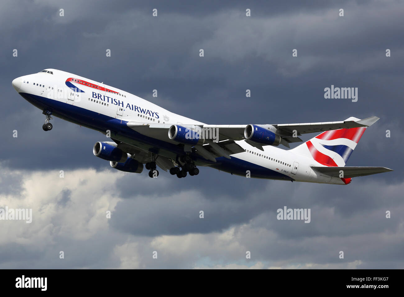 London Heathrow, United Kingdom - August 28, 2015: A British Airways Boeing 747 with the registration G-BNLP taking off from Lon Stock Photo