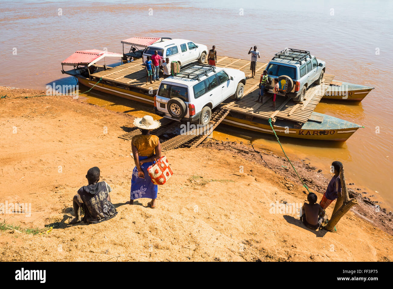 Four wheel drive car on ferry near Belo sur Tsiribihina, Morondava, Toliara province, Madagascar Stock Photo