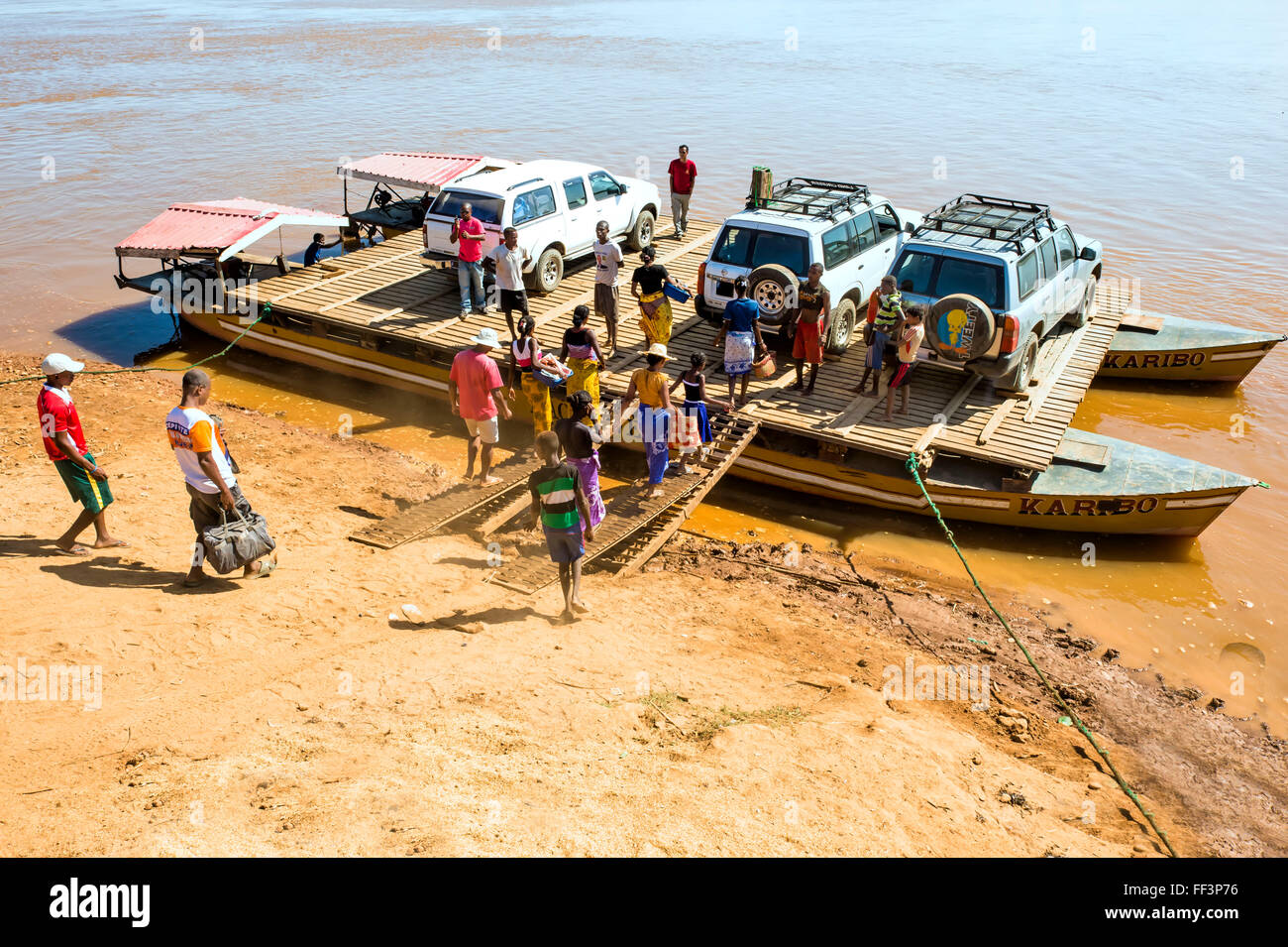 Four wheel drive car on ferry near Belo sur Tsiribihina, Morondava, Toliara province, Madagascar Stock Photo