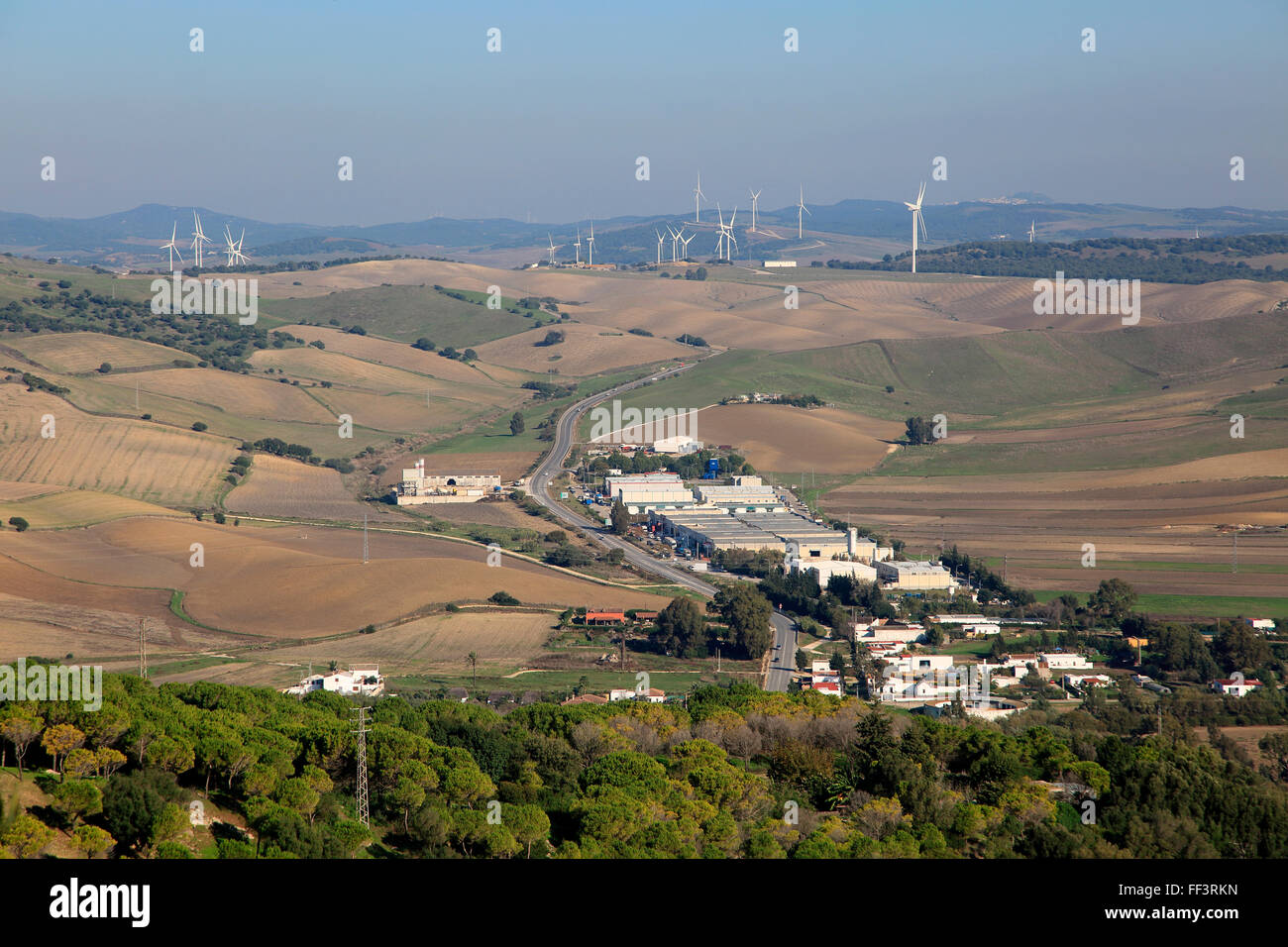 View over countryside and wind turbines from Vejer de la Frontera, Cadiz province, Spain Stock Photo