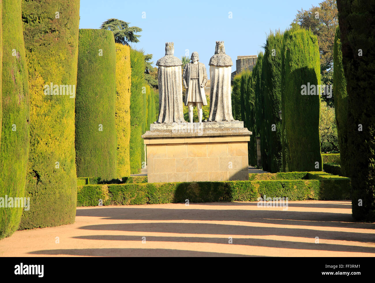 Columbus, King Ferdando and Queen Isabel statues in garden of Alcazar