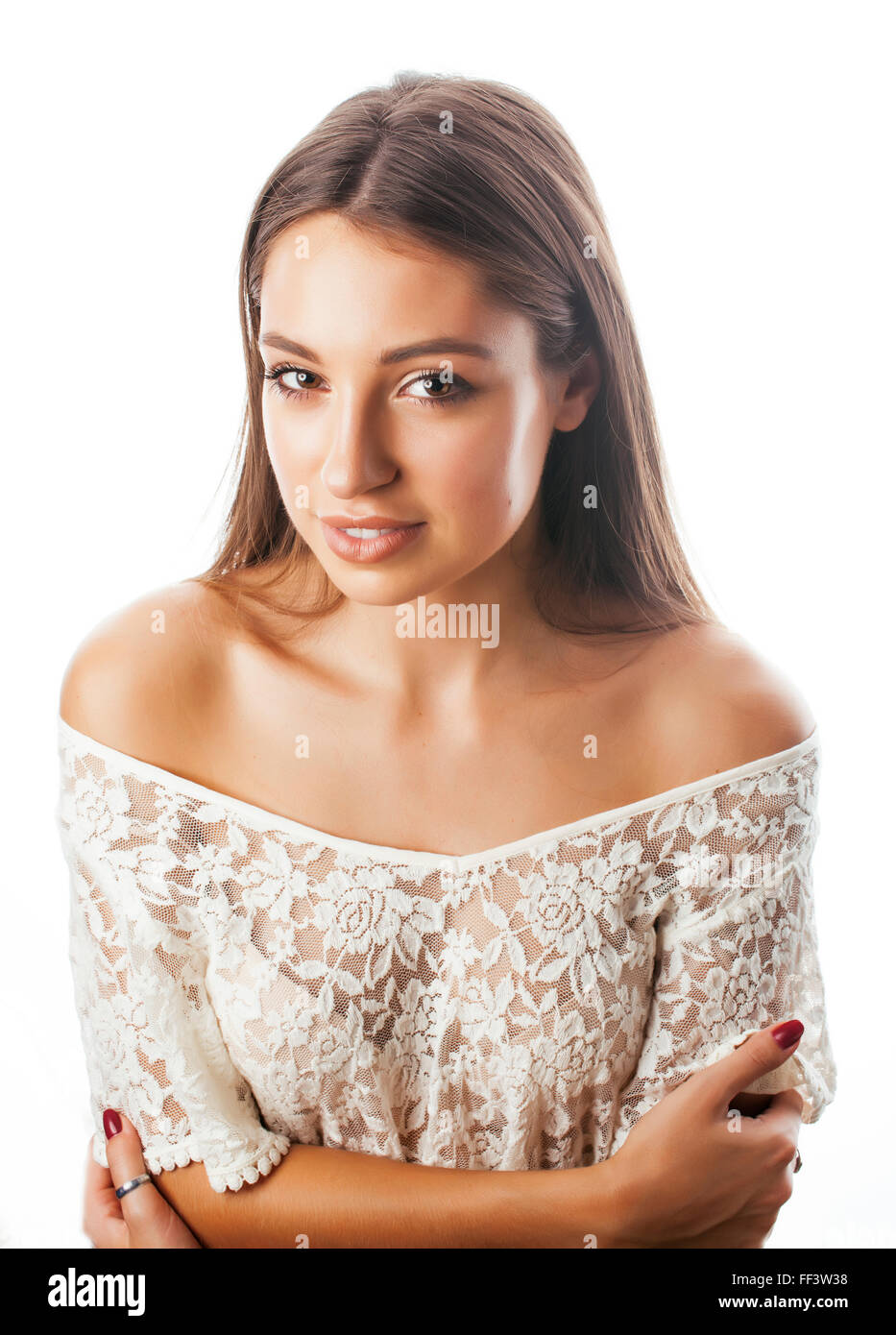 young beauty woman smiling dreaming isolated on white close up ...