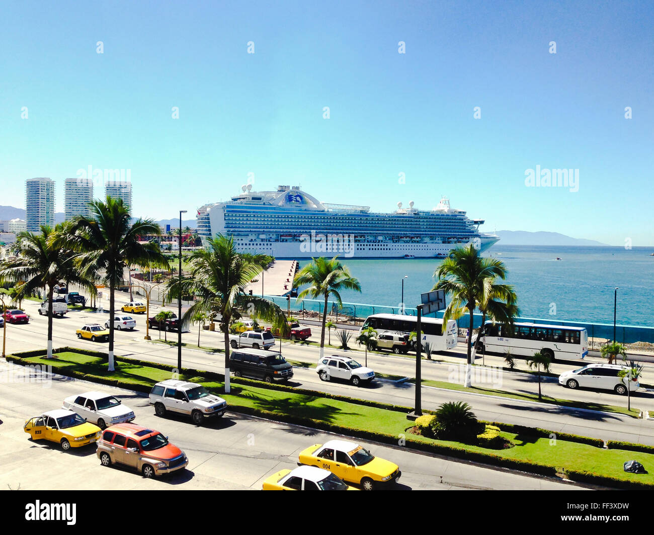 Maritime terminal with cruise ship at the cruise port in Puerto Vallarta, Jalisco, Mexico. Stock Photo