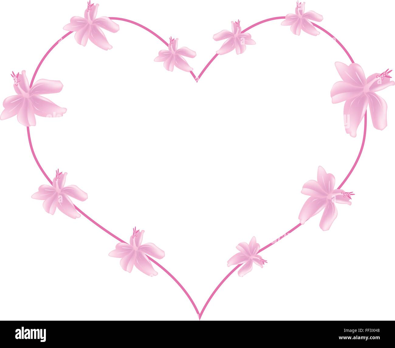 Love Concept, Illustration of Pink Urena Lobata Flowers Forming in Heart Shape Isolated on White Background. Stock Vector
