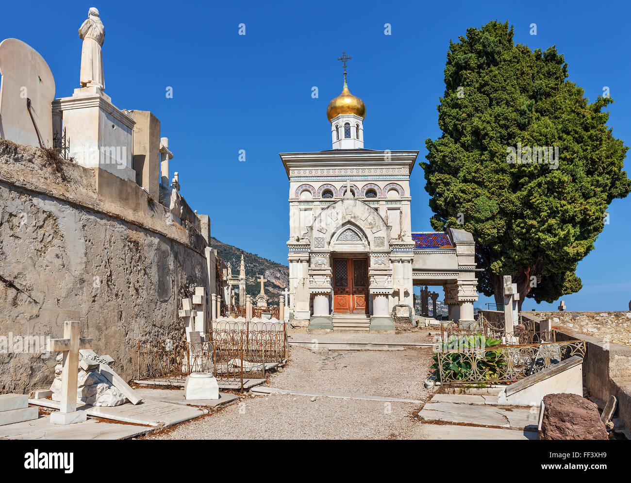 Small orthodox chapel at old russian cemetery in Menton, France. Stock Photo
