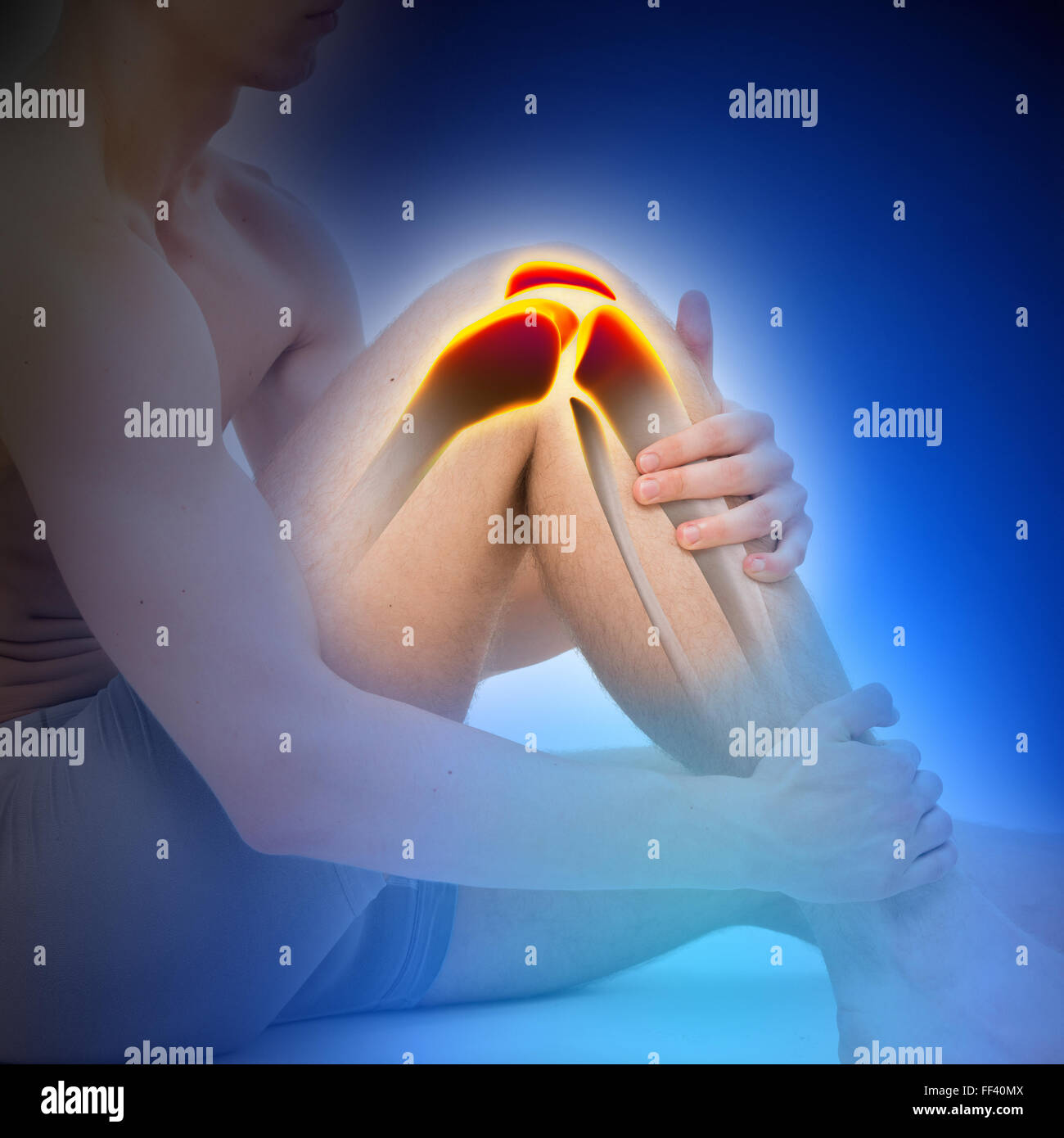 Young Man Knee Pain Anatomy blue concept Stock Photo