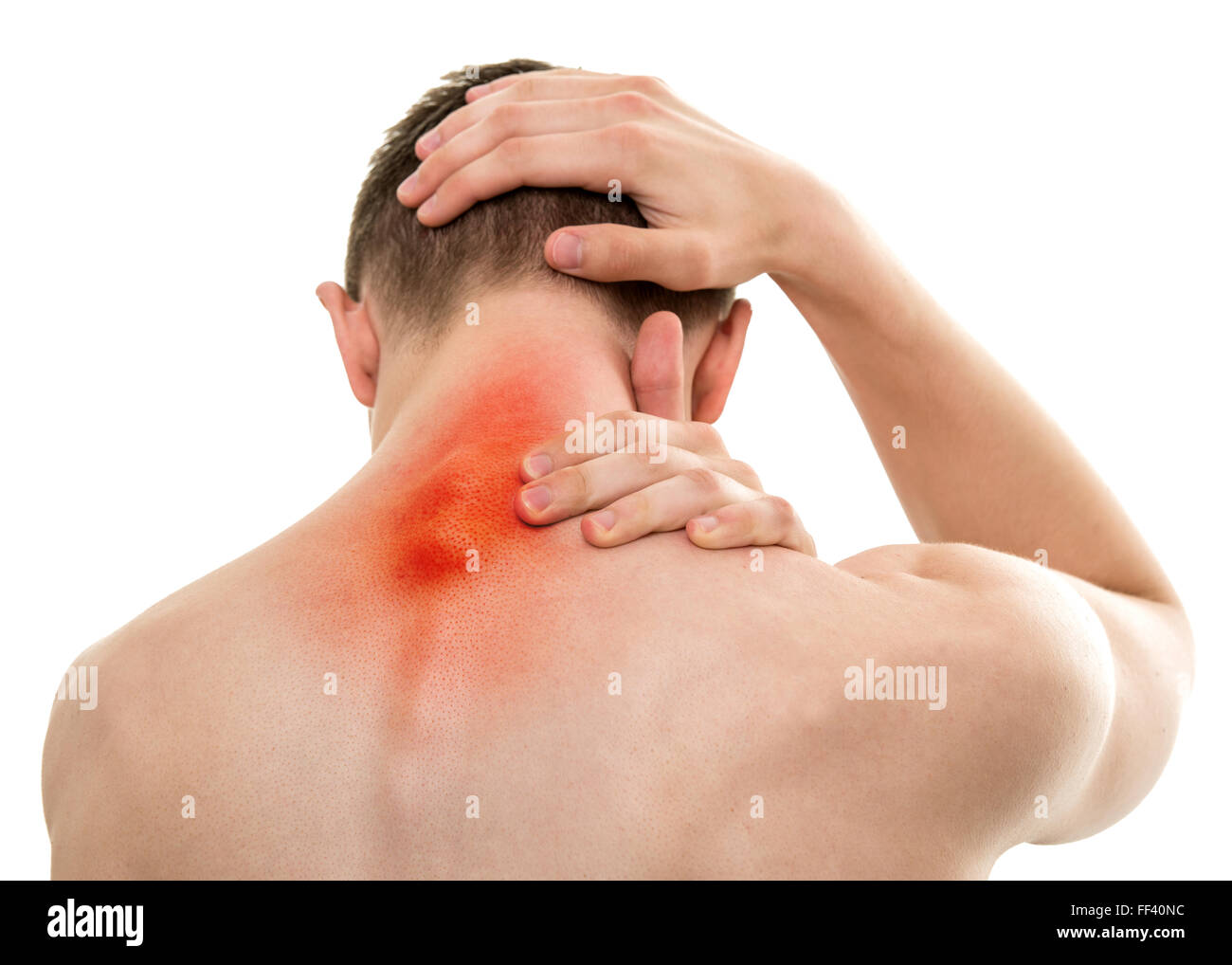 Young Sportsman with Pain in Neck isolated on white Stock Photo