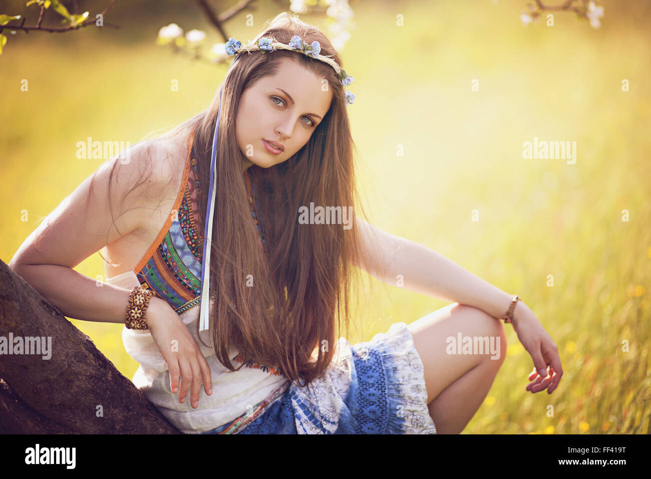 Beautiful bohemian woman portrait. Hippie style Stock Photo
