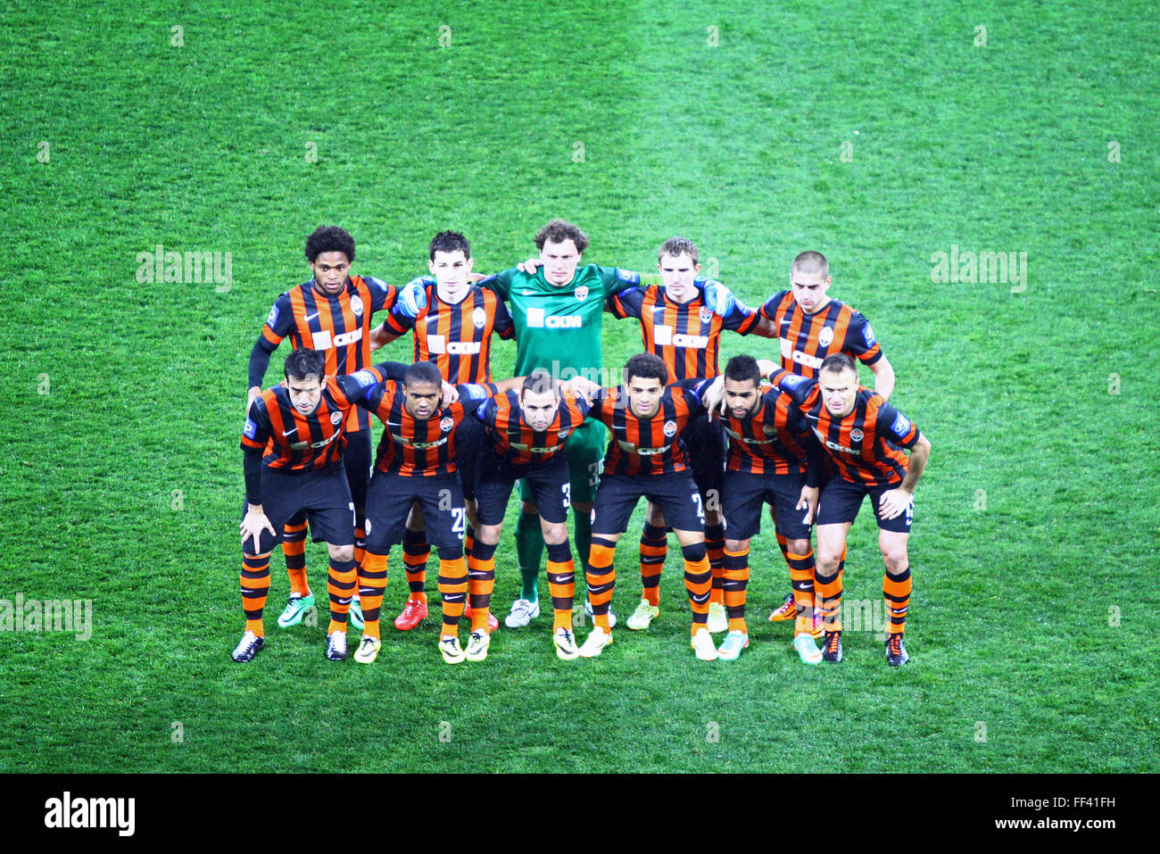 Shakhtar Donetsk football team pose for a group photo before Ukraine Championship game against FC Dynamo Kyiv at NSC Olimpiyskiy Stock Photo