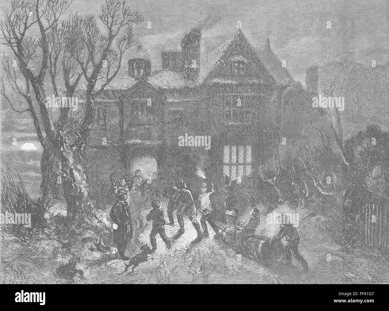 CHRISTMAS Bringing home the Yule Log 1854. Illustrated London News Stock Photo