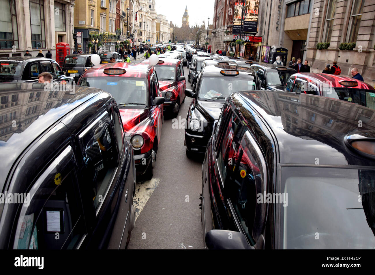 London, UK. 10th February, 2016. Thousands of black cab drivers bring central London to a standstill in protest at the deregulation of taxis and the rise of Uber. Whitehall. Credit:  PjrNews/Alamy Live News Stock Photo