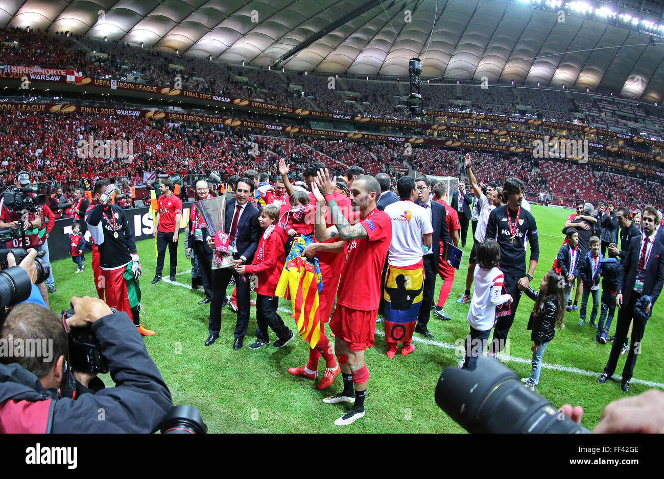 FC Sevilla players celebrate after winning UEFA Europa League Trophy in the game against FC Dnipro Stock Photo