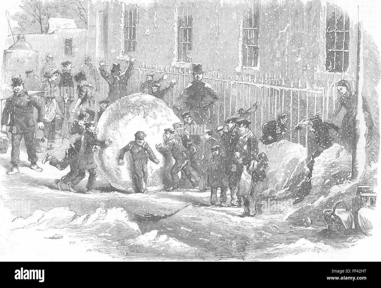 CHILDREN Gathering as it goes, or monster snowball 1855. Illustrated London News Stock Photo